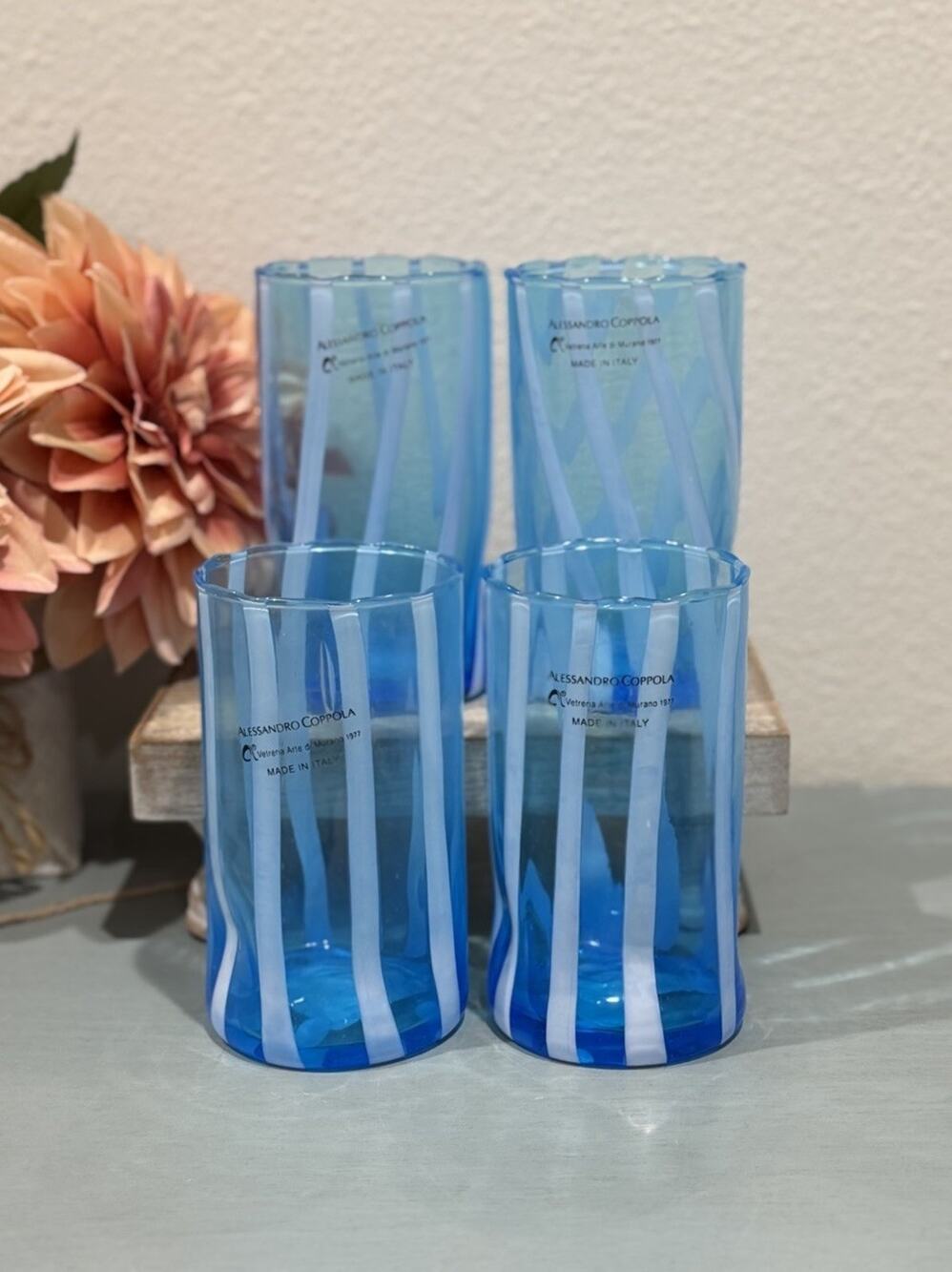 Alessandro Coppola Arte di Murano Italy Blue Glass Tumblers Set of 4 NWT